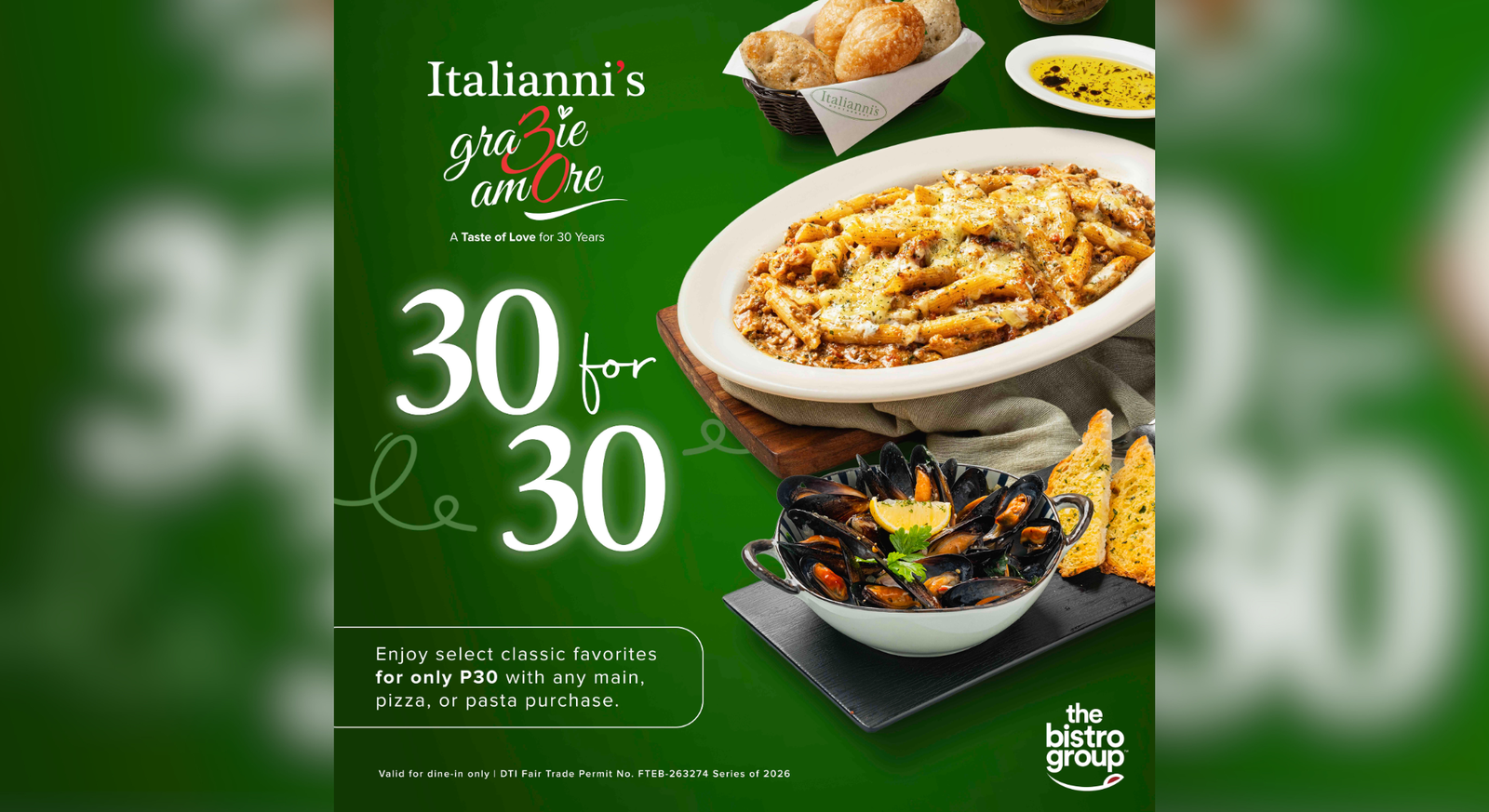 30 years, 30 pesos! Score your all-time favorite dishes for just Php 30 at Italianni’s from August 3 to September 30